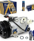 Premium Aftermarket AC Compressor With Clutch Heavy Duty Auto Air Conditioning Replacement Built Tough For Reliable Cooling And Quick Under Hood Swap Daily Driver Ready with accessories and box.