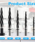 Five Piece M2 HSS Taper Chucking Reamer Drill Bit Set showing 3/8, 1/2, 5/8, 3/4, 13/16 inch sizes for multiple material applications