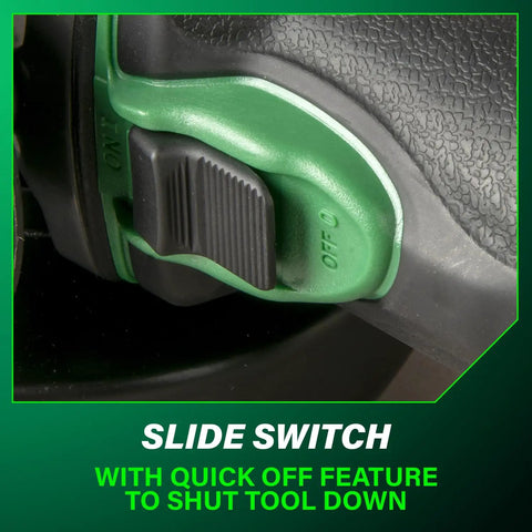 Close-up of slide switch on Cordless 18V 4-1/2 Inch Angle Grinder Kit With Slide Switch Boss Torque Battery Charge Indicator