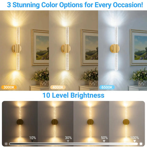 Gold Battery Operated Wall Sconces Set Of 2 Peel And Stick Magnetic Linear Lights with 3 color temperatures and 10 brightness levels