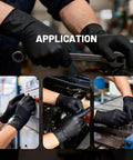 Heavy Duty Nitrile Work Gloves 8 Mil Thick Tough As Nails textured grip worn while working on tools and machinery.