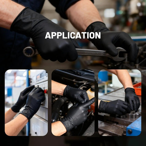 Heavy Duty Nitrile Work Gloves 8 Mil Thick Tough As Nails textured grip worn while working on tools and machinery.