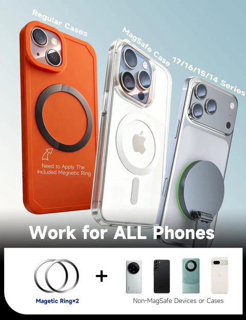 Three phone cases compatible with MagSafe Car Mount Charger With 15W Fast Wireless Charging shown with magnetic rings.