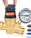 Front view of OULEME RV water pressure regulator valve with gauge; brass lead-free body, 3/4-inch connector.