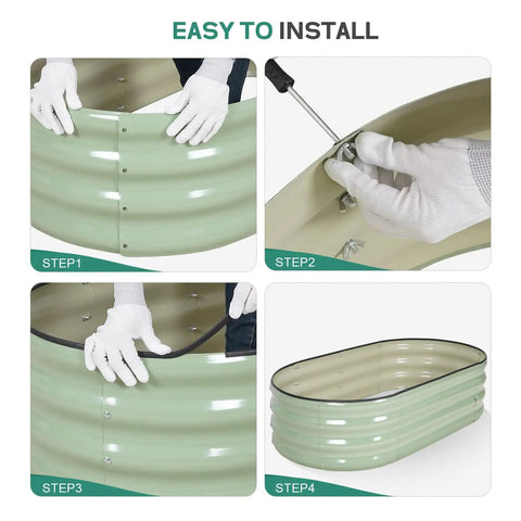 Installation steps for Galvanized Raised Garden Bed Outdoor 4x2x1 Ft Oval Planter With Safety Edging And Gloves, Avocado Green Finish.