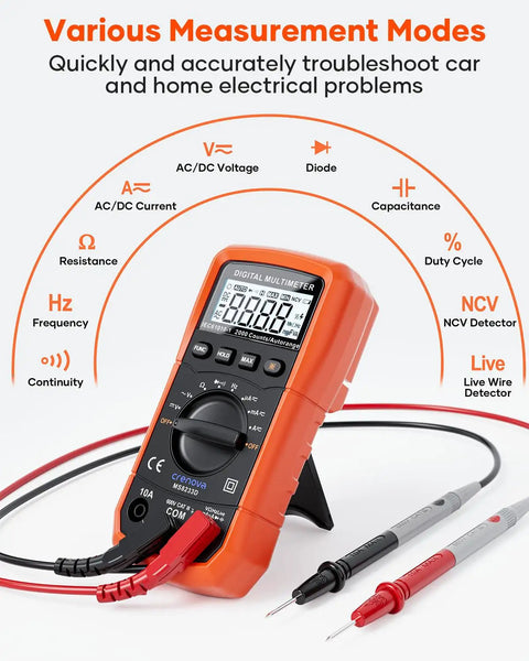 Digital Multimeter 6000 Counts With DC And AC Voltage And Current Resistance Capacitance Frequency Duty Cycle Continuity And Diode Testing NCV Live Wire Detection Auto Range Durable Handy Tool For Pros And DIY shown with test leads