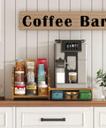 All In One Coffee Station Organizer With K Cup Holder And 28 Cup Capacity, Three Tier Syrup Rack And Drawer on countertop