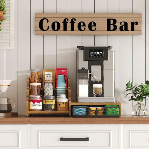 All In One Coffee Station Organizer With K Cup Holder And 28 Cup Capacity, Three Tier Syrup Rack And Drawer on countertop