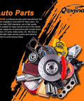 Variety of auto parts including brake rotors, air filters, pistons on an orange backdrop with brand logo and text descriptions.