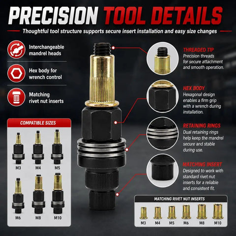 Rivet Nut Tool Kit M3 To M10 With Six Mandrels And Sixty Rivet Nuts Hand Or Drill Compatible Rivnut Setter For Auto And Metal Fabrication Repairs Quick Strong Threaded Inserts, threaded tip and hex body