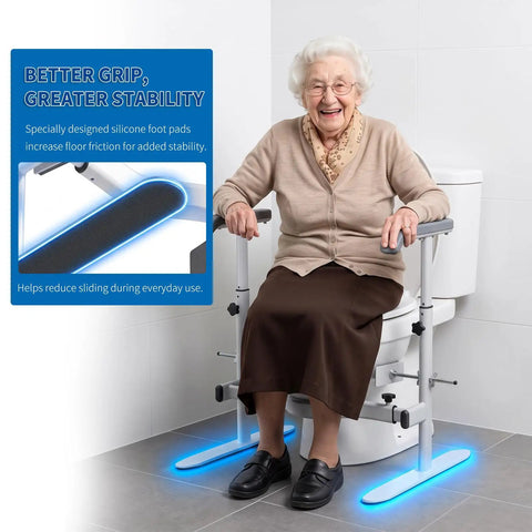 Built Tough Toilet Safety Rails For Seniors With No Wobble Stability And Wide Anti Slip Base For Tile Or Hardwood Floors Straightforward Setup Handicap Support Frame with silicone foot pads for added grip.