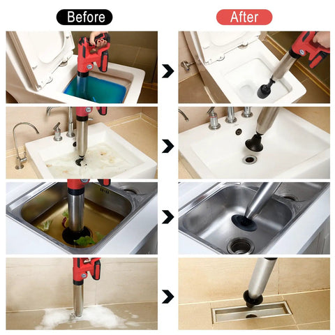 Electric Toilet Plunger With 2 Batteries High Pressure Air Plunger For Toilet Drain And Sewer No Fuss Heavy Duty Tool Before After