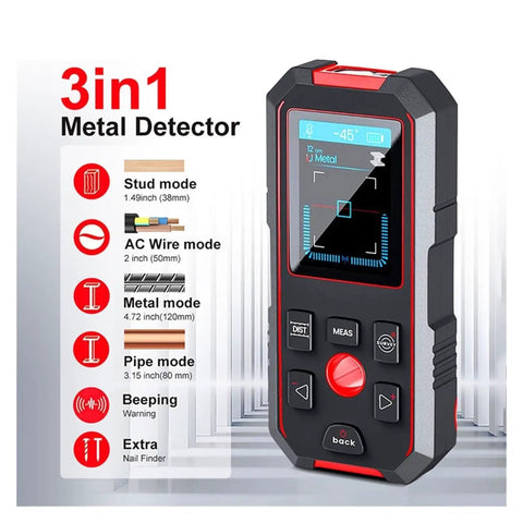 Top Tier Wall Stud Finder And Straight Up Reliable Metal Scanner Featuring Laser Rangefinder And Integrated Digital Level For No Sweat Live Wire Detection Plus Copper Pipe Scan with display and control buttons.