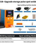 Pro Grade Portable Battery Spot Welder With Energy Storage Pulse Power Up To 11.6KW 110 220 Volt Condensing Battery System Weld 0.3mm Pure Nickel And 0.35mm Nickel Plating For Battery Pack Connections And Series Linking showing components and features
