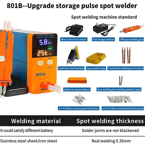Pro Grade Portable Battery Spot Welder With Energy Storage Pulse Power Up To 11.6KW 110 220 Volt Condensing Battery System Weld 0.3mm Pure Nickel And 0.35mm Nickel Plating For Battery Pack Connections And Series Linking showing components and features