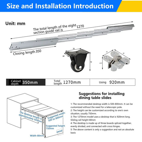 Pro Grade Full Extension Table Slide Featuring Hidden Retractable Guide Rail And Tough Aluminum Telescopic Tracks For Buttery Smooth Kitchen Countertop Upgrades Measuring Exactly 1270mm In Length with installation dimensions.