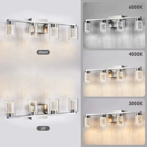 4 Light Brushed Nickel Crystal Vanity Light Fixtures With Dimmable LED Over Mirror shown in three light settings and mount options.