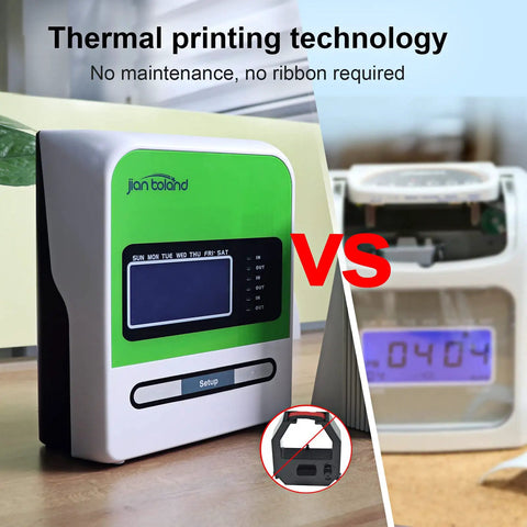 Image comparing No Sweat Real Deal Employee Thermal Time Clock For Small Business Automatic Punch Terminal showing thermal technology.