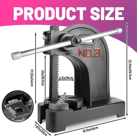 Heavy Duty 3 Ton Manual Arbor Press dimensions with measurements marked, showcasing robust industrial design.