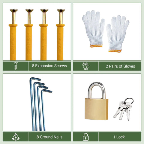 Waterproof 9.6 Ft By 2.3 Ft Storage Shed With Gazebo Porch accessories: screws, gloves, ground nails, lock with keys