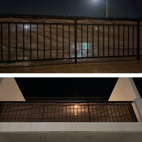 Fence Privacy Screen for Balcony and Patio Shade Cloth 3 Feet 3 Inches by 9 Feet 9 Inches, 80 Percent Shade, night view on railing