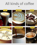 Image showing various types of coffee including Latte, Cappuccino, Mocha, Caramel Macchiato, American style, Italian.
