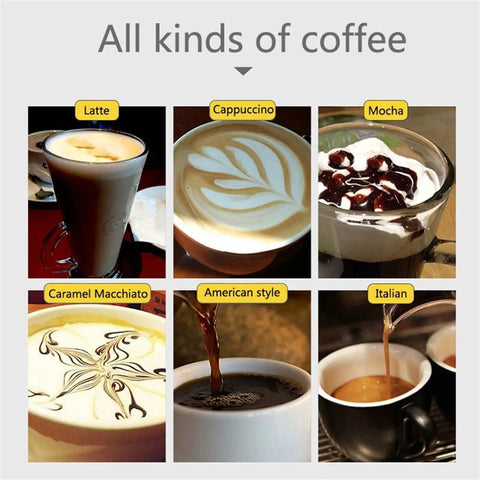 Image showing various types of coffee including Latte, Cappuccino, Mocha, Caramel Macchiato, American style, Italian.