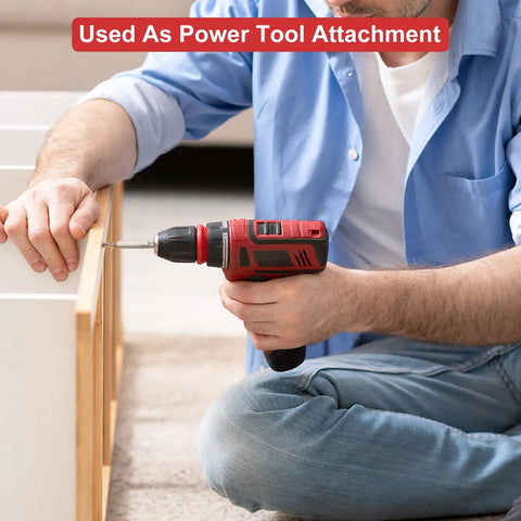 Person using screwdriver attachment on power tool for furniture assembly. Multi Screwdriver 13 In 1 Set with 1/4 Nut Driver visible.