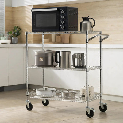 Heavy-Duty 3-Tier Kitchen Utility Cart On Wheels With 661 Lbs Capacity, Steel Wire Shelves, Curved Handle shown in kitchen