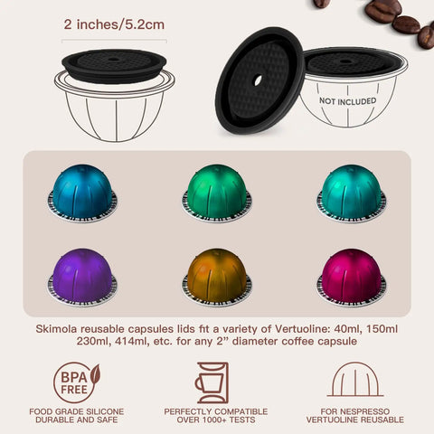 Reusable Silicone Coffee Capsule Lids For Original Nespresso VertuoLine Pods 4 Pack With Scoop And Brush Food Grade