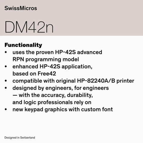 DM42n RPN Scientific Calculator With Hella Sharp 34 Digit Math Power And Sweet HP 42S Emulator Software Sealed Inside A Badass 316L Stainless Steel Casing showing functionality details.