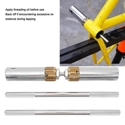 Pro-Grade Bottom Bracket Thread Tapping Tool Kit With Replaceable Taps, Heavy-Duty High-Strength Thread Repair Screw Tap For Bike Maintenance, shown installed on a bike.