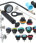 Heavy Duty 18 Piece Radiator Pressure Tester And Coolant Purge Refill Vacuum Kit includes gauge, pump, and color coded adapters.