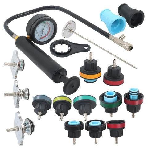 Heavy Duty 18 Piece Radiator Pressure Tester And Coolant Purge Refill Vacuum Kit includes gauge, pump, and color coded adapters.