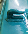 Close-up of Eight Pack Three Eighths Inch Weld On Grab Chain Hook, 6600 Lbs Capacity Grade 70 U Type Weldable Tow Hook on a blue surface