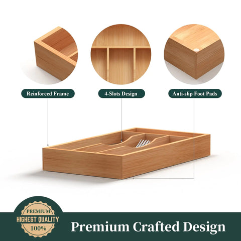 Compact Bamboo Kitchen Drawer Organizer Grooved Slots Keep Silverware Utensils Flatware with 4 slots and anti-slip foot pads.