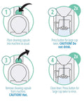 Diagram showing steps to use Nespresso Original Machines Cleaning Pods Set With 10 Cleaning Capsules For Quick Between Batches Refresh.