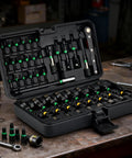Beast 41-Piece Magnetic Nut Driver Set With Impact Bits For Quick Work in open case showing bits and shank extensions on table