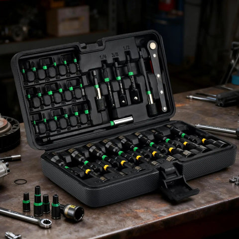 Beast 41-Piece Magnetic Nut Driver Set With Impact Bits For Quick Work in open case showing bits and shank extensions on table