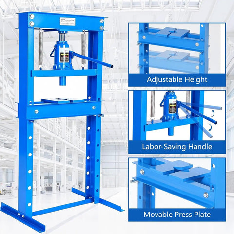 Beefy 20 Ton Hydraulic H Frame Shop Press With Adjustable Work Table And Press Plates, Heavy Duty Auto Repair Press, Blue