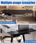 Heavy Duty Under Desk Extender Tray 30 By 12 Inches with side storage rack and cable management in multiple usage scenarios.