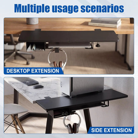 Heavy Duty Under Desk Extender Tray 30 By 12 Inches with side storage rack and cable management in multiple usage scenarios.