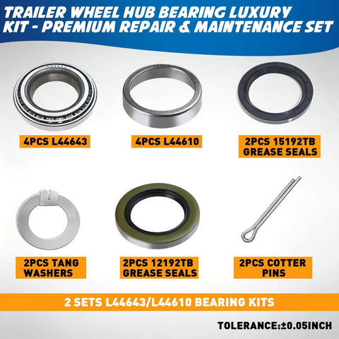 Road Ready Trailer Bearing Rebuild Kit Designed For 2000 To 2200 Pound Axles With L44643 And L44610 parts laid out on a surface.