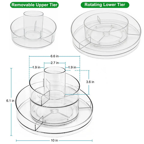 Real Deal Slick Spin 360 Round Rotating Makeup Organizer Clear Acrylic Lazy Susan Cosmetic Storage Tray dimensions and tiers.