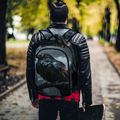 Man wearing Dark Storm Castle Crow Printed Unisex Backpack With Large Capacity Durable Polyester in park