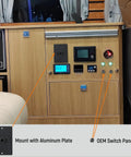 Interior view of an RV switch panel featuring 12 Volt 24V PWM LED Dimmer Switch 15 Amp 180 Watt Rotary Knob Control.
