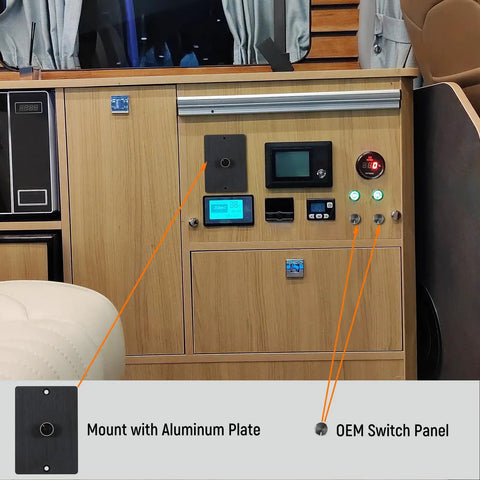 Interior view of an RV switch panel featuring 12 Volt 24V PWM LED Dimmer Switch 15 Amp 180 Watt Rotary Knob Control.