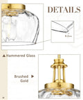 Close-up of JAZAVA 10-Inch Brushed Gold Pendant Light, Hammered Glass Shade and Gold Detail, Modern Farmhouse Style.