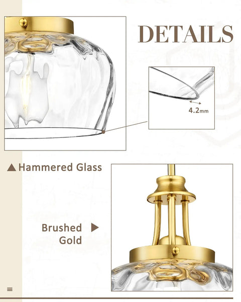 Close-up of JAZAVA 10-Inch Brushed Gold Pendant Light, Hammered Glass Shade and Gold Detail, Modern Farmhouse Style.