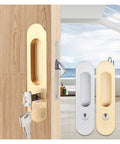 Rock Solid Zinc Alloy Keyed Sliding Barn Door Lock Handle For Wood Double Doors Heavy Duty Hardware on a wooden door with keys.
